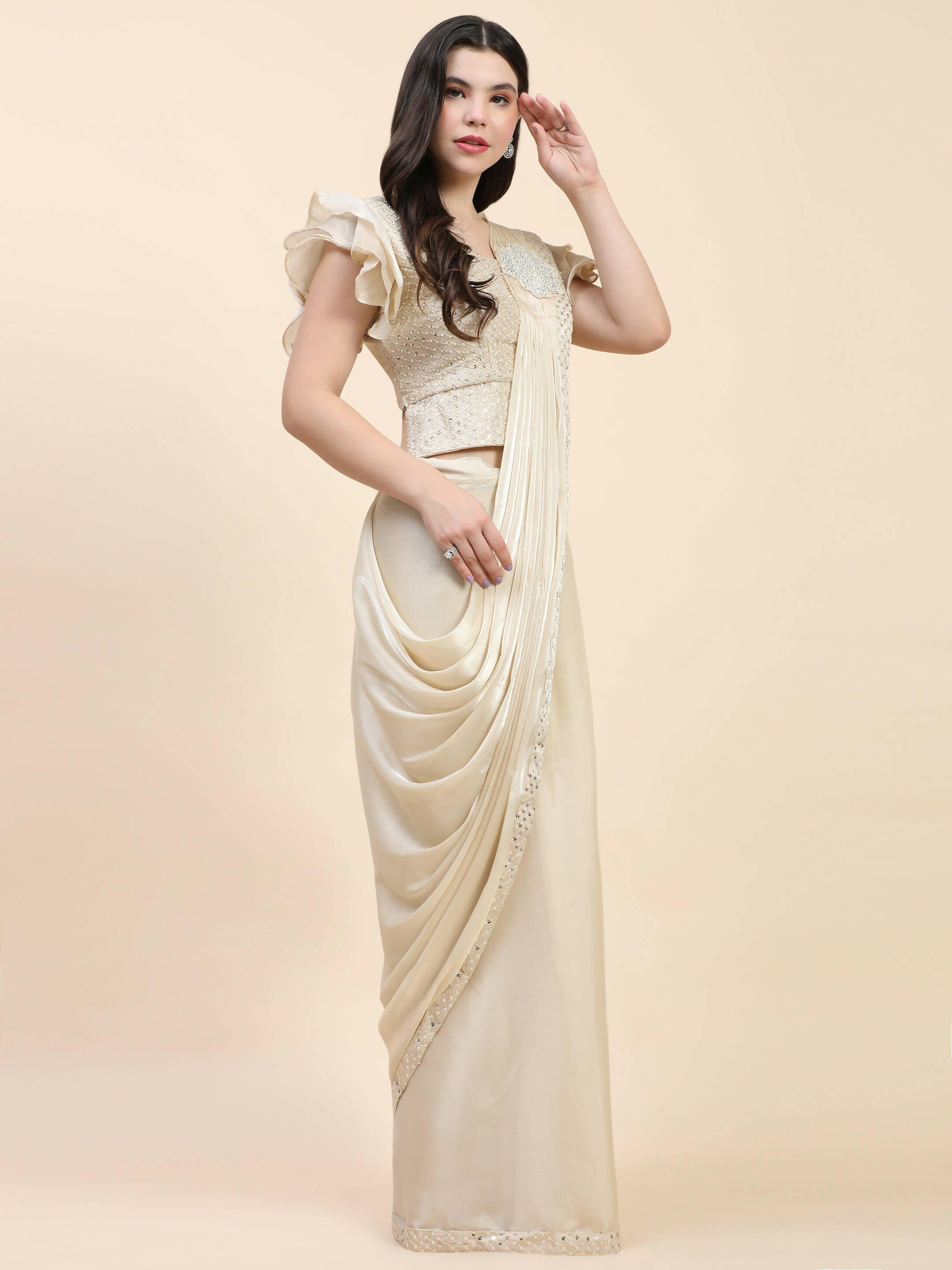 Beige Silk Satin Sequence Work Ready to Wear Saree with stitched Blouse - Nirvana | Grocsy