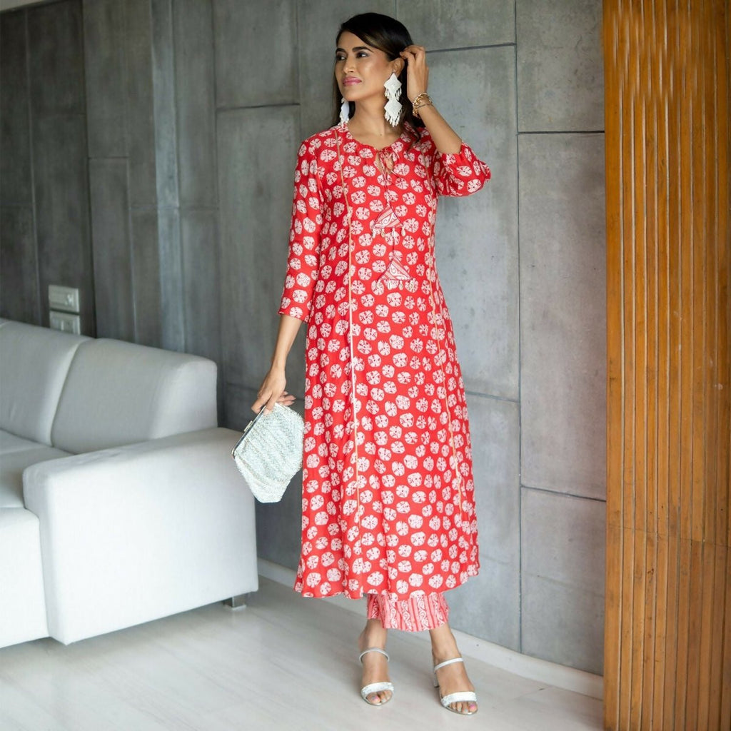 Aayaa Pure Muslin printed Kurti & Pant - Red | Grocsy