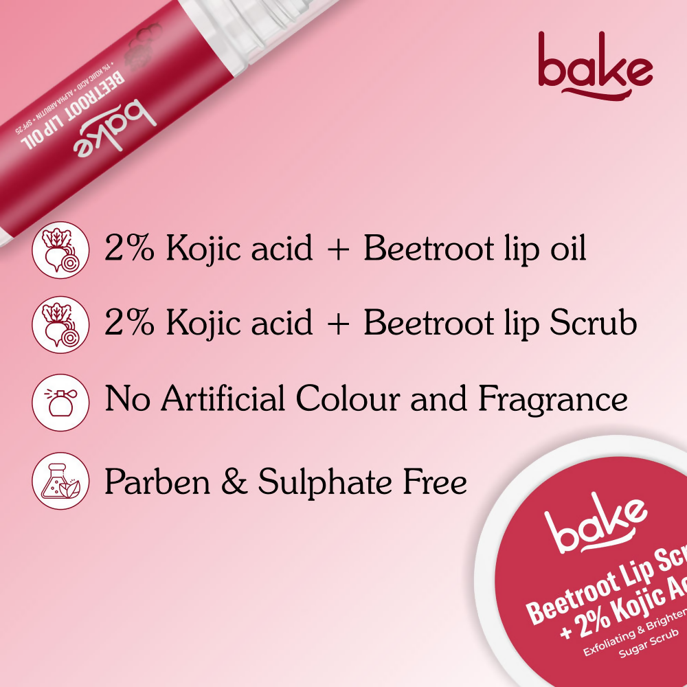 Bake Kojic Acid Beetroot Lip Kit With Lip Balm SPF 25 & Lip Scrub For Dark & Pigmented Lips | Grocsy