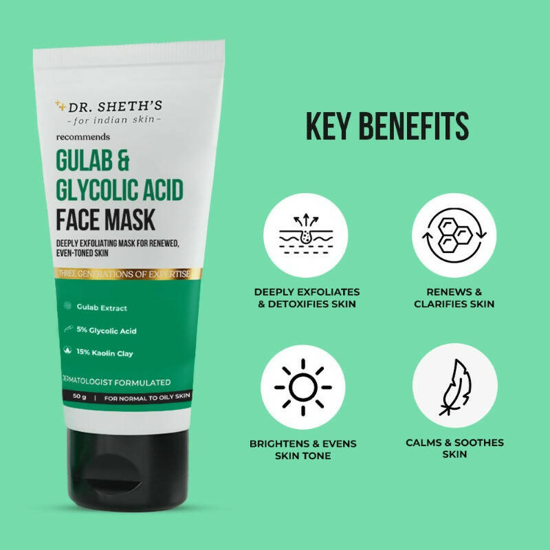 Dr. Sheth's Gulab & Glycolic Acid Face Mask Deep Exfoliating Face Pack For Even-toned Skin, For Normal to Oily Skin | Grocsy