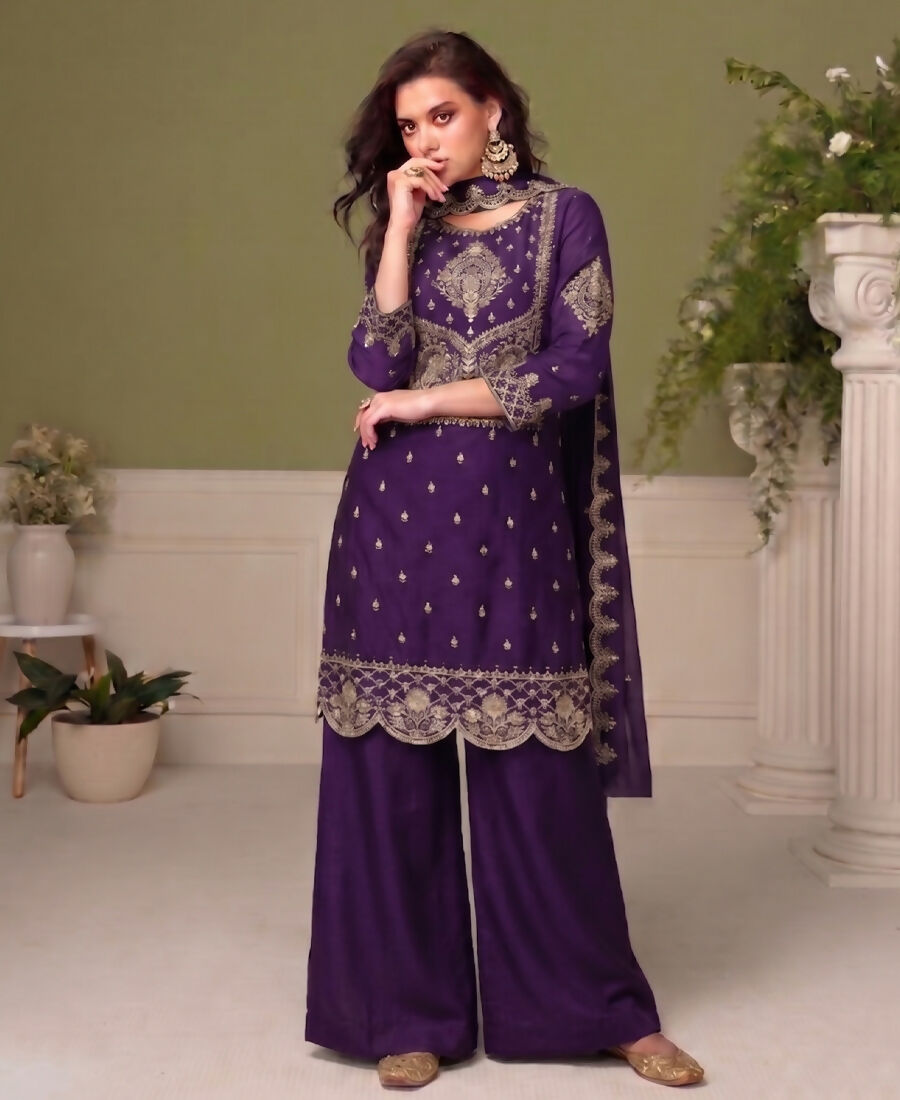 KC Purple Wedding Wear Embroidered Crush Silk Salwar Suit | Grocsy