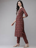 Yufta Women Maroon Floral Printed Regular Kurta with Palazzo & With Dupatta | Grocsy