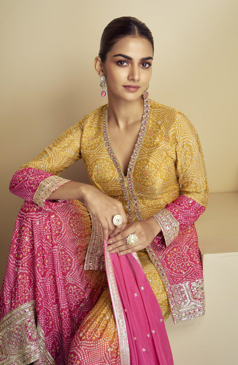 Lorenvalley Fashion Yellow and Pink Chinon Embroidery With Sequince Work Salwar Kameez Stitched | Grocsy