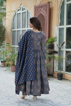 Vastranavya Navy Blue Pure Cotton Printed Top with Pant & Dupatta Set | Grocsy