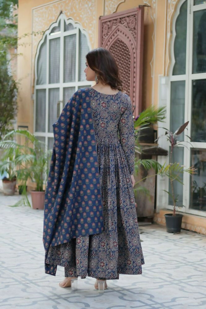 Vastranavya Navy Blue Pure Cotton Printed Top with Pant & Dupatta Set | Grocsy