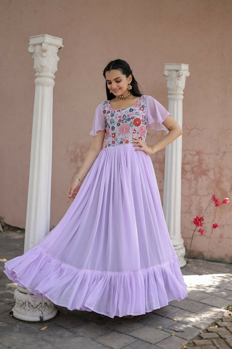 Jyoti Fashion Women's Purple Sequins Thread Embroidery Faux Georgette Anarkali Dress | Grocsy
