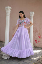 Jyoti Fashion Women's Purple Sequins Thread Embroidery Faux Georgette Anarkali Dress | Grocsy