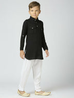 Joban Fashion Kids Island Full Sleeves Cotton Pathani Kurta and Pyjama Set - Black | Grocsy