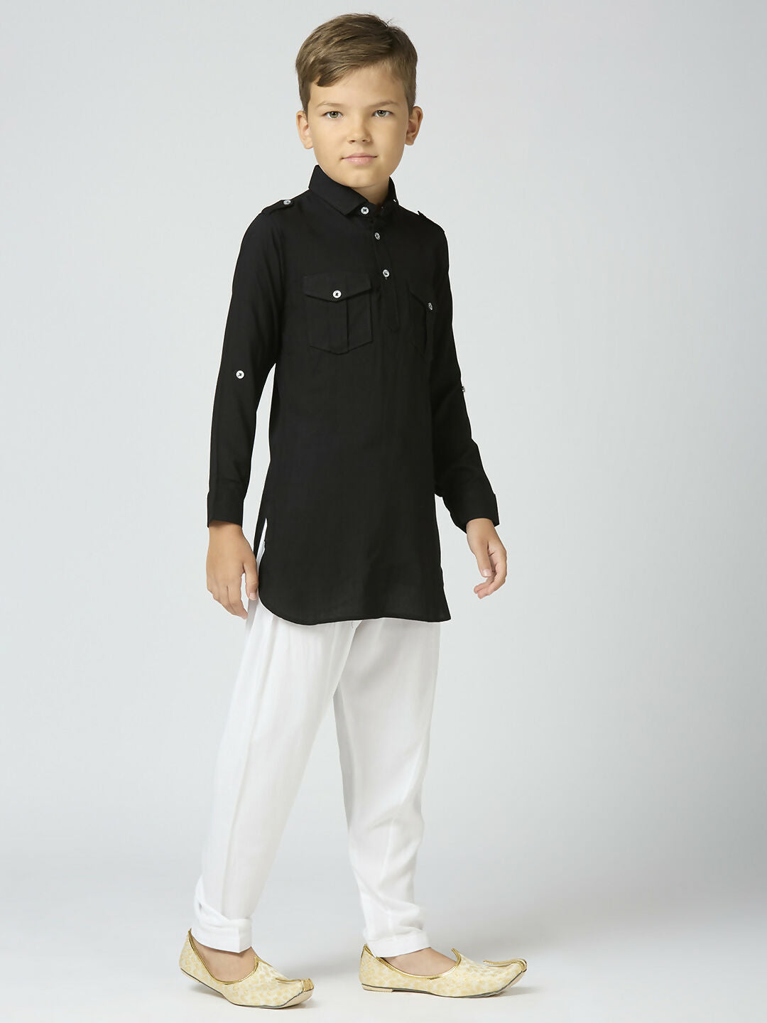 Joban Fashion Kids Island Full Sleeves Cotton Pathani Kurta and Pyjama Set - Black | Grocsy