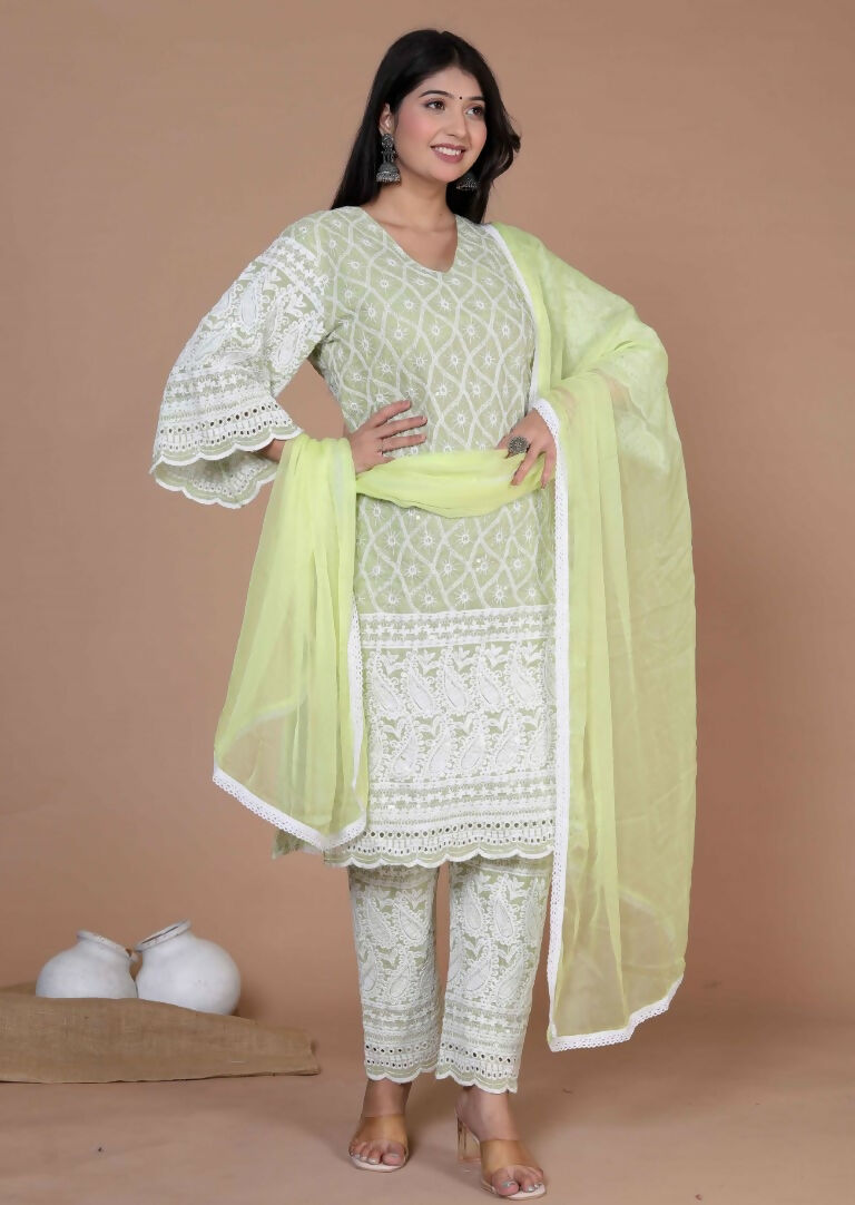 Miravan Women's Chikankari Embroidery Kurta And Palazzo With Dupatta | Grocsy