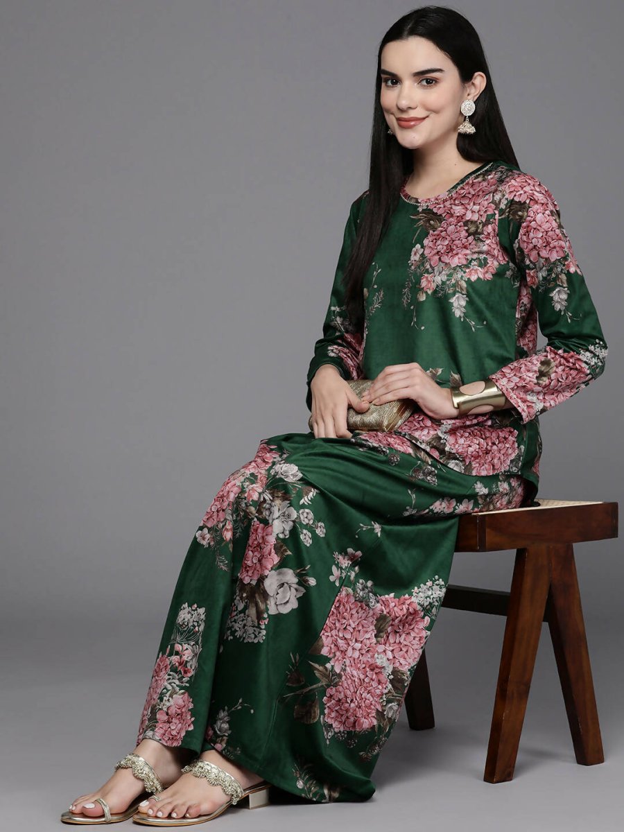 Ahalyaa Women Floral Printed Velvet Tunic with Palazzos - Green Color | Grocsy
