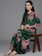 Ahalyaa Women Floral Printed Velvet Tunic with Palazzos - Green Color | Grocsy