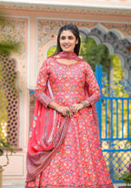 Functional Designer Red-Orange Dola Silk Anarkali suit with Dupatta - Ramya | Grocsy