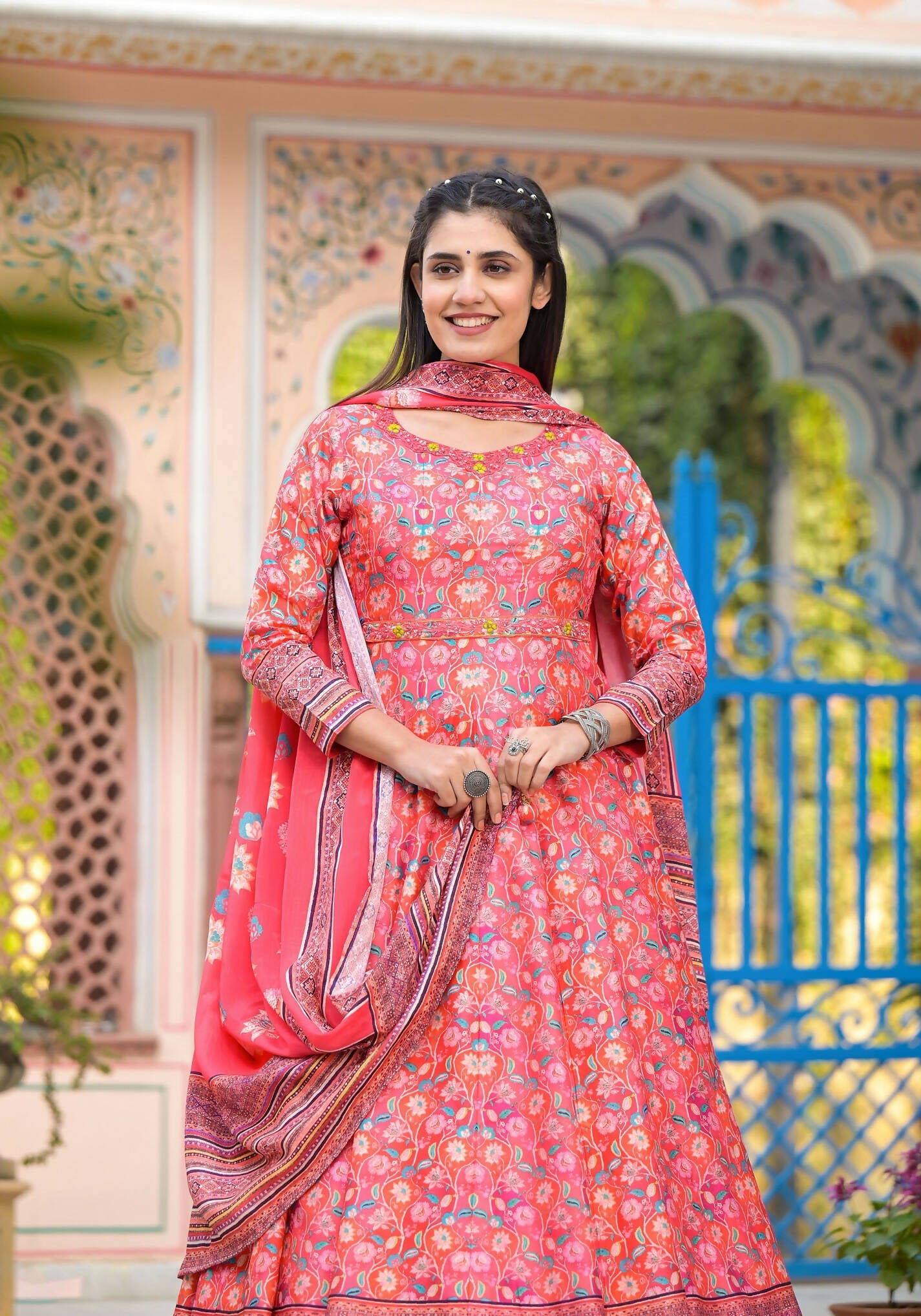 Functional Designer Red-Orange Dola Silk Anarkali suit with Dupatta - Ramya | Grocsy