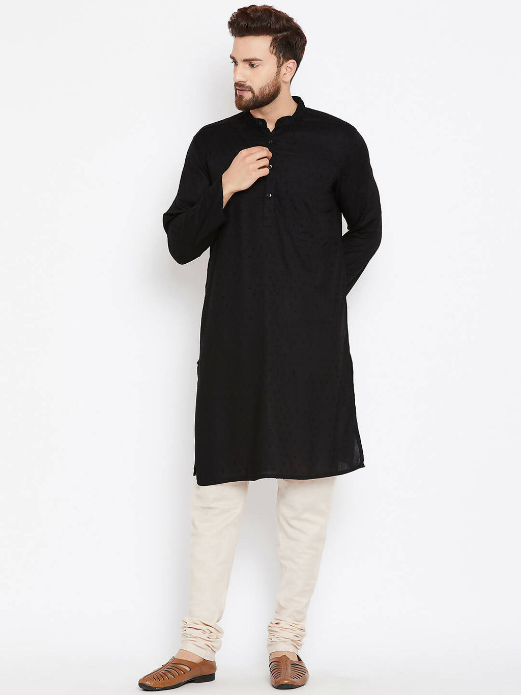 Even Apparels Black Pure Cotton Band Collar Men's Kurta | Grocsy