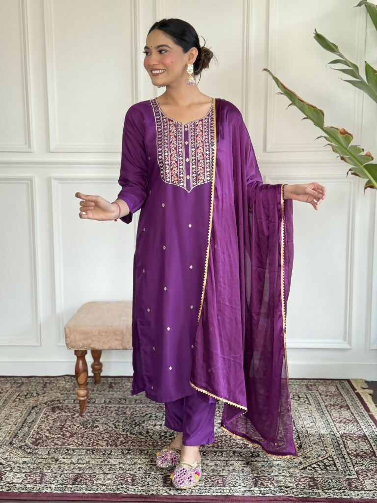 Purple Rayon Slub Stitched Suit With Dupatta - Tanisha | Grocsy