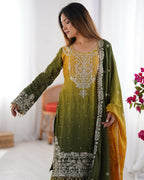 The52 Women's Beautiful Chinon silk Fabric Embroidery Work Straight Kurta Palazzo and Dupatta Set | Grocsy