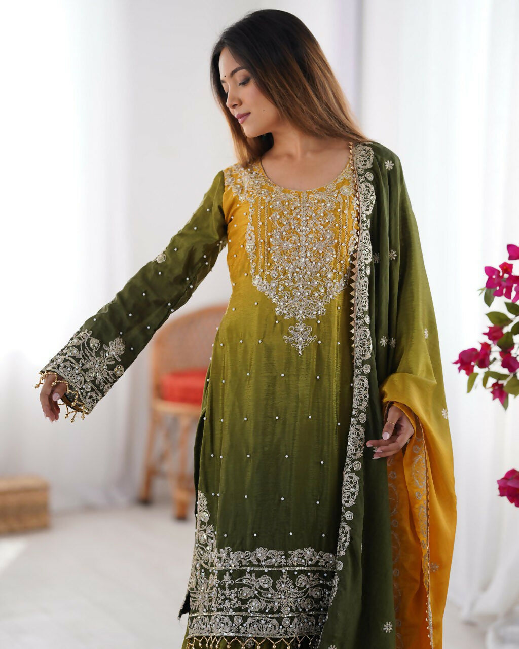 The52 Women's Beautiful Chinon silk Fabric Embroidery Work Straight Kurta Palazzo and Dupatta Set | Grocsy
