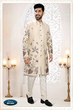 Joban Fashion Men's Cream Straight Malai Silk Thread And Sequence Embroidery All Over 3 Pc Kurta Set | Grocsy