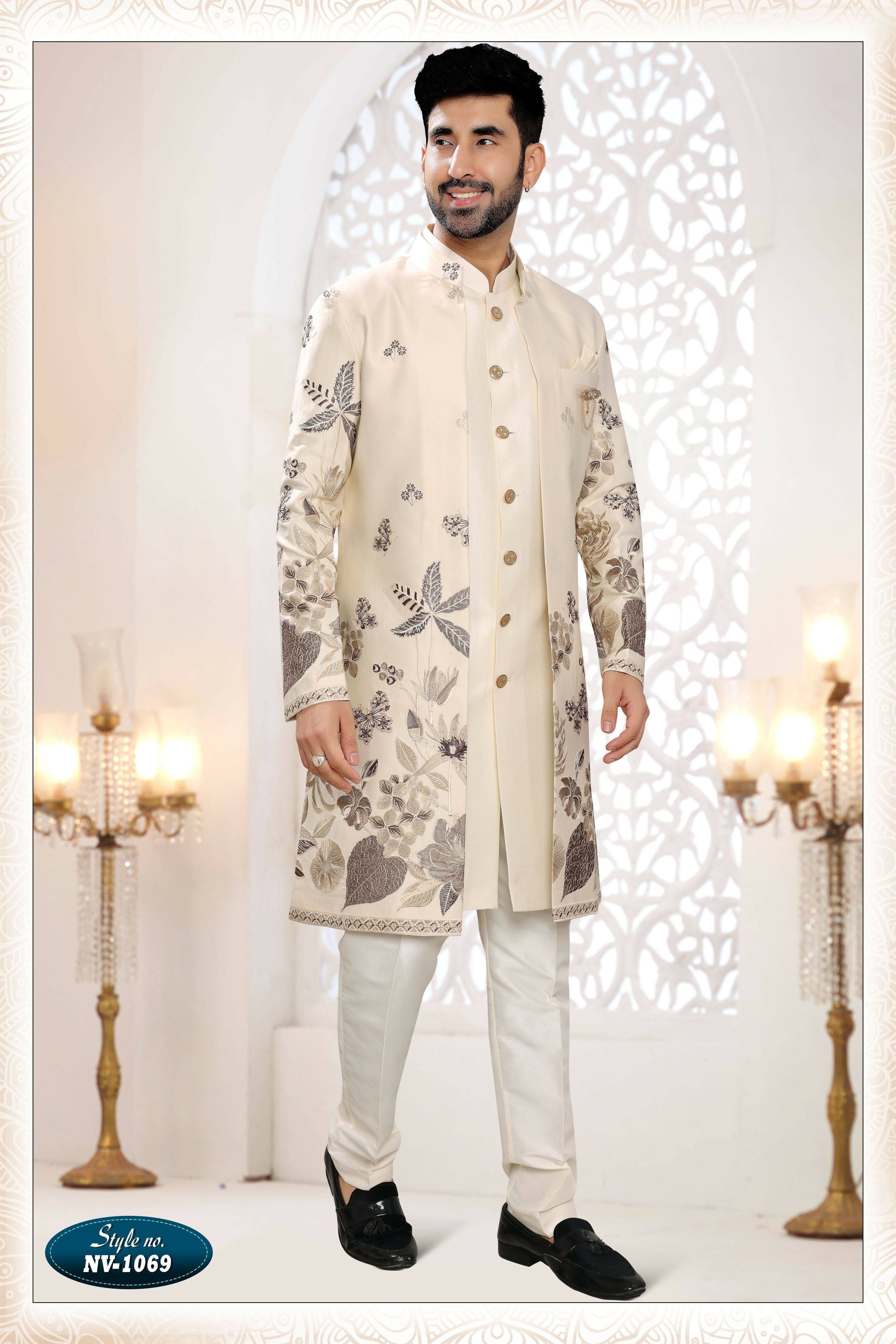 Joban Fashion Men's Cream Straight Malai Silk Thread And Sequence Embroidery All Over 3 Pc Kurta Set | Grocsy
