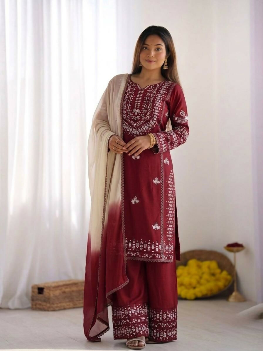 Teeya Creation Womens Trendy Stylish Embroidery Thread Work Maroon Kurta Set | Grocsy