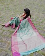DEIANA'S Beautiful Designer Golden zari Soft Lichi Silk Saree - Sky | Grocsy