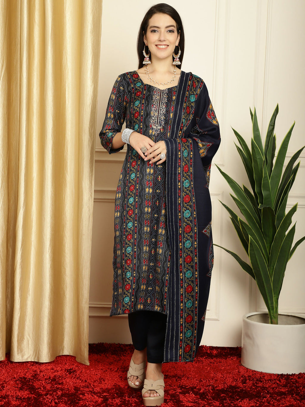 Jyoti Fashion Women's Navy Blue Pashmina Floral Digital Printed Kurta with Trouser & Dupatta | Grocsy