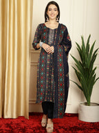 Jyoti Fashion Women's Navy Blue Pashmina Floral Digital Printed Kurta with Trouser & Dupatta | Grocsy