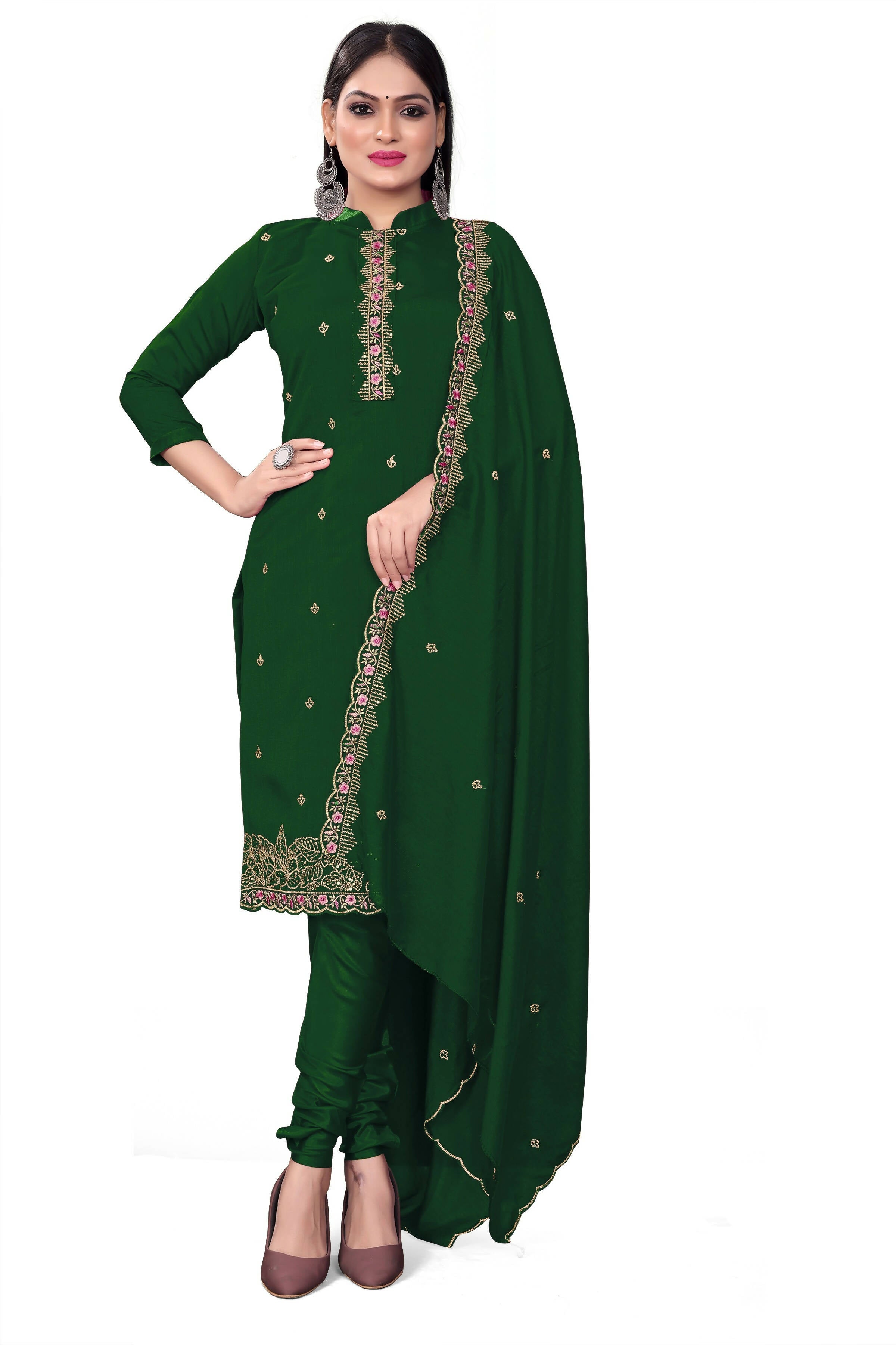 Green Silk Embroidered with Sequins work Unstitched Dress Material - Tanvi | Grocsy