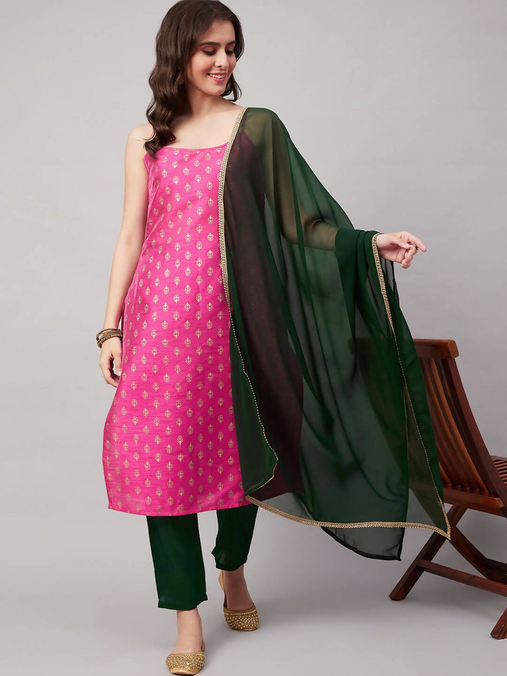 Magenta Pink and Green Polyester Printed Kurta with Trousers & Dupatta - Vishwa | Grocsy