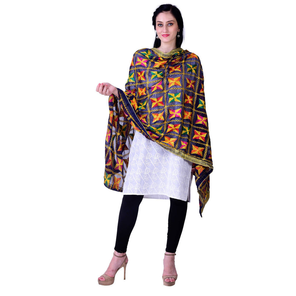 SWI Stylish Women's Embroidered Phulkari Chiffon Navy Blue Dupatta | Grocsy