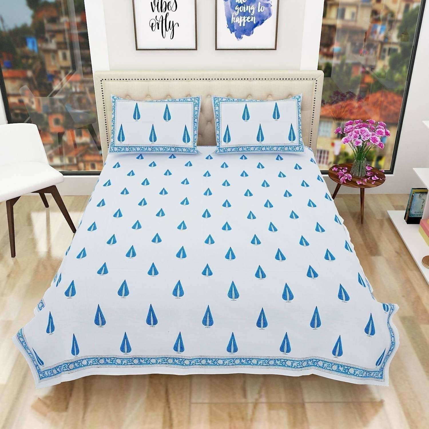 Hand Block Printed Double 230x270 Cms Jaipuri Bedspread with 2 Pillow Covers | Grocsy