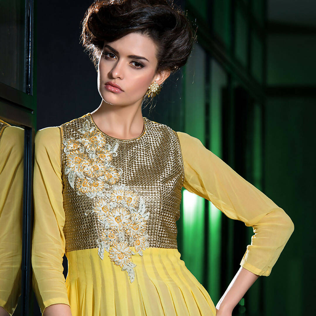 Yellow Georgette Floral Embroidered A-line Kurti - Missy | Grocsy