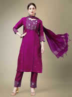 Jyoti Fashion Women's Purple Cotton Blend Embroidery & Fancy Lace work Kurta with Trouser & Dupatta | Grocsy