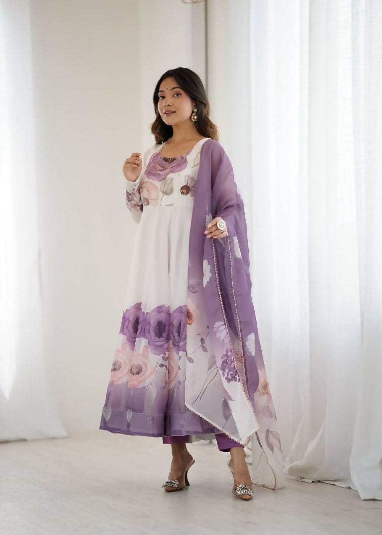 Teeya Creation Violet Color Soft organza Silk Digital Print Party Wear Gown | Grocsy