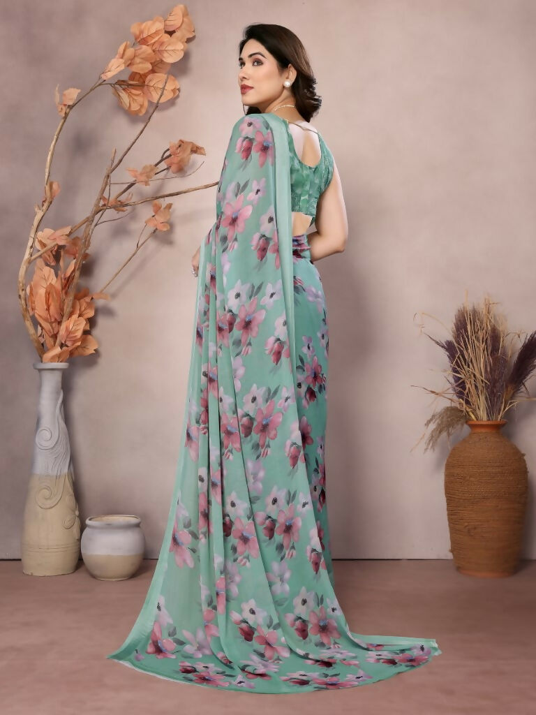Designer Partywear Teal Bright Moss Satin Patta Fancy Saree - Kanak | Grocsy