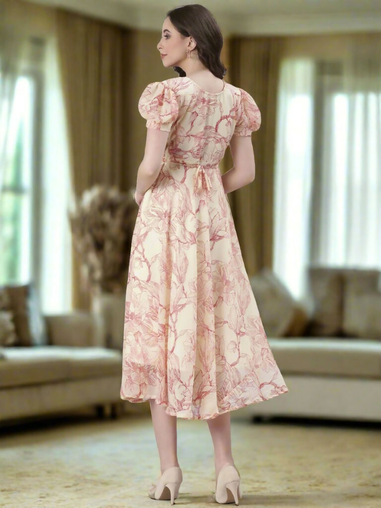 Souchii Cream & Red Floral Printed Fit & Flare Dress | Grocsy