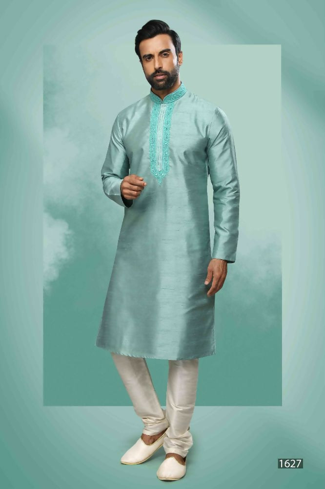 Raivat Ethnic Art Silk Mirror Embroidery Work Kurta Pajama In Sea Green Colour | Grocsy