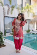 Teeya Creation Womens Wear Peach,Pink Color Viscose Fabric With Sequins & Coding Zari Embroidered Work Kurta Pant Set | Grocsy