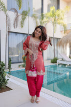 Teeya Creation Womens Wear Peach,Pink Color Viscose Fabric With Sequins & Coding Zari Embroidered Work Kurta Pant Set | Grocsy