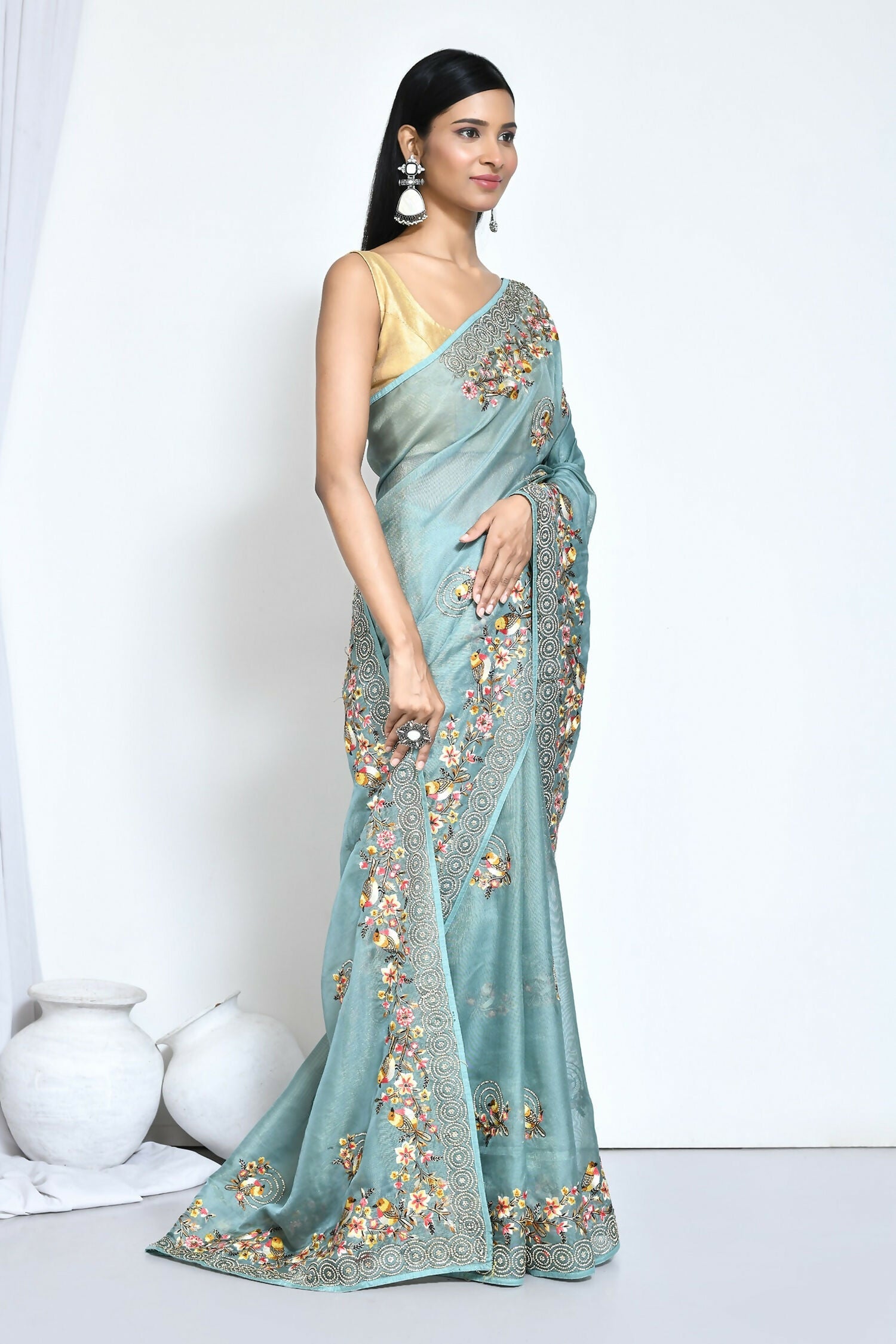 Blue Net Organza Silk Thread Emboidered with Stone Work Saree - Nimaya Benzy | Grocsy