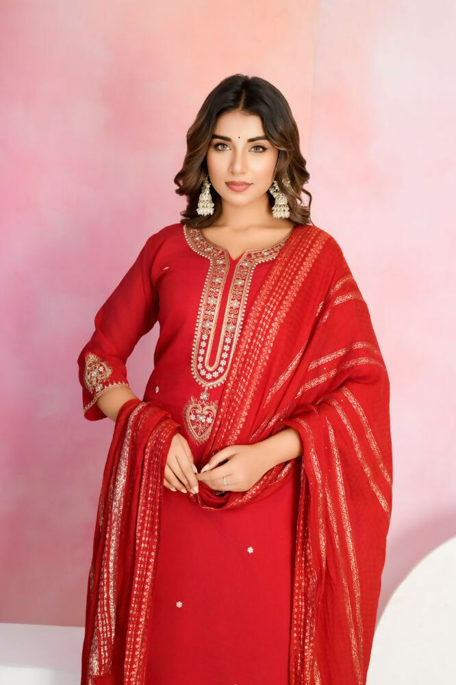 Ethnic Festive Wear Viscose Chanderi Red Stitched Suit With Dupatta - Tanisha | Grocsy
