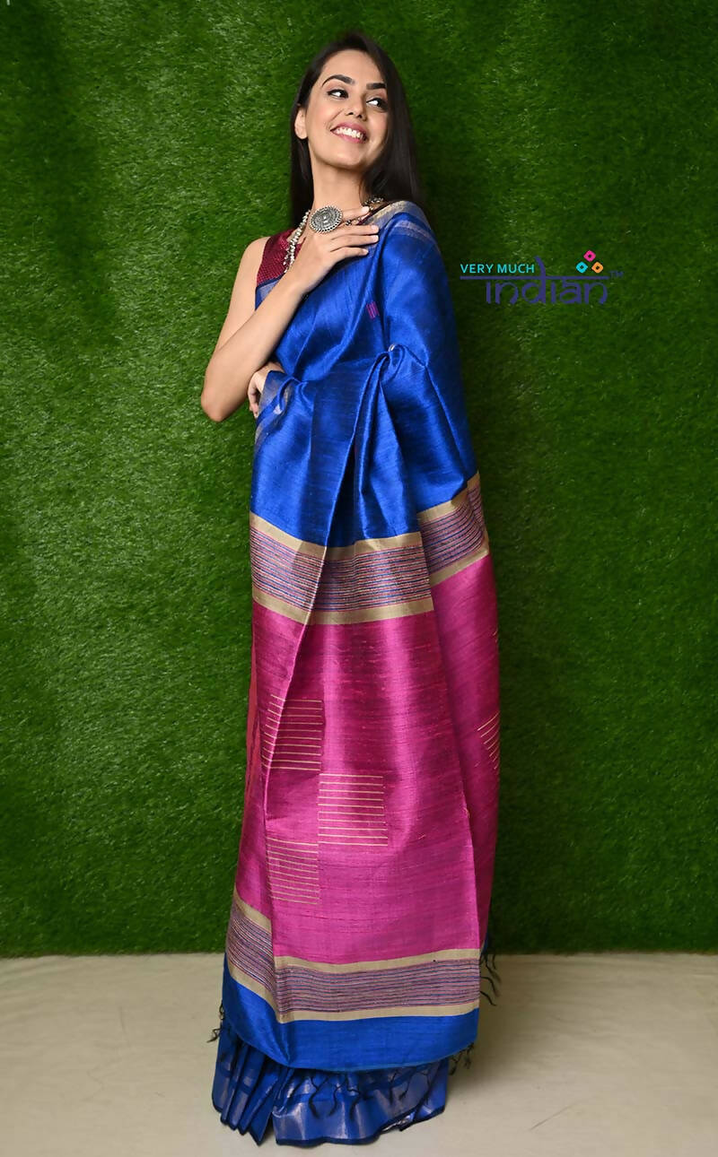 Very Much Indian Handwoven Raw Silk Dupion Saree - Cobalt Blue With Purple Pallu | Grocsy