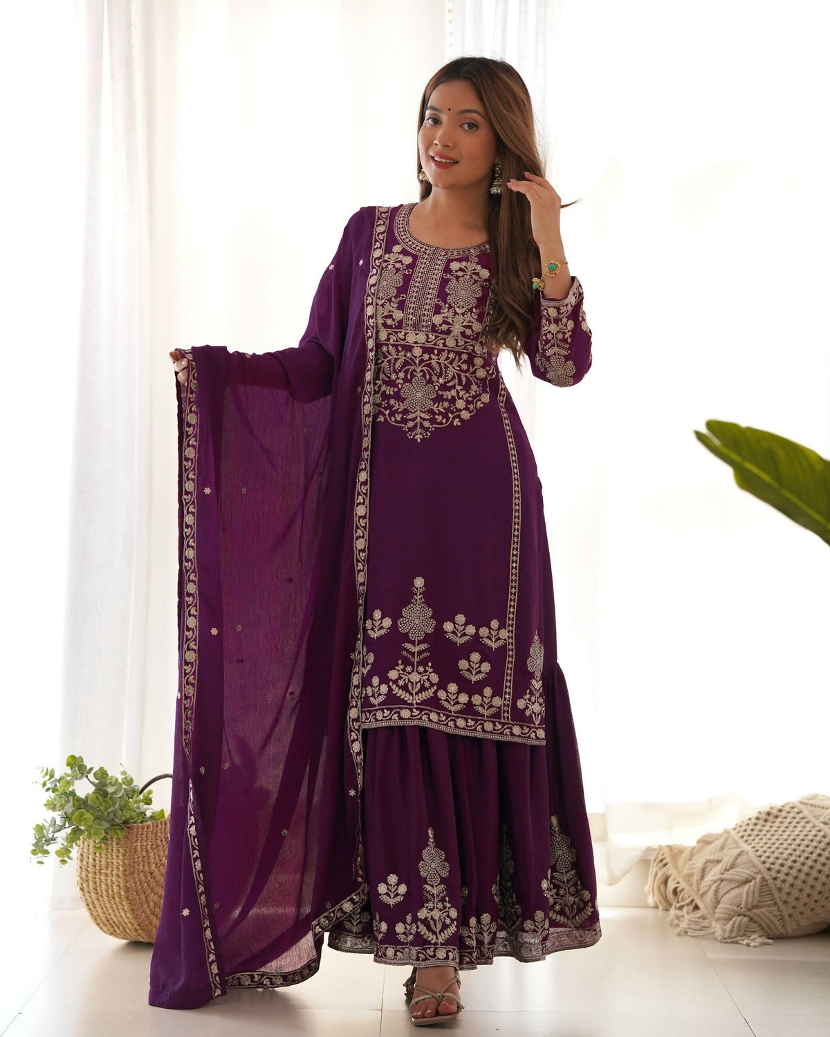 Teeya Creation Purple Color Chinon Silk Embroidery Work Wedding Wear Palazzo Set | Grocsy