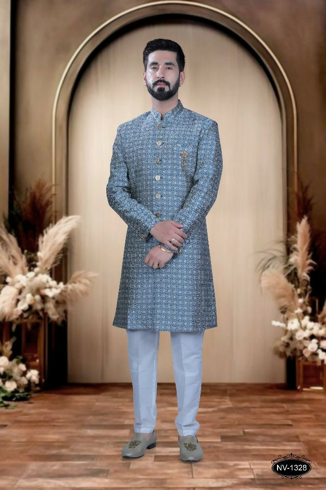 Joban Fashion Men's Blue Brocade Kurta with Pyjama | Grocsy