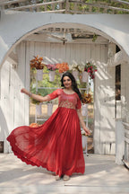 Vastranavya Faux Blooming with Embroidery Zari Sequins-work Gown - Orange | Grocsy