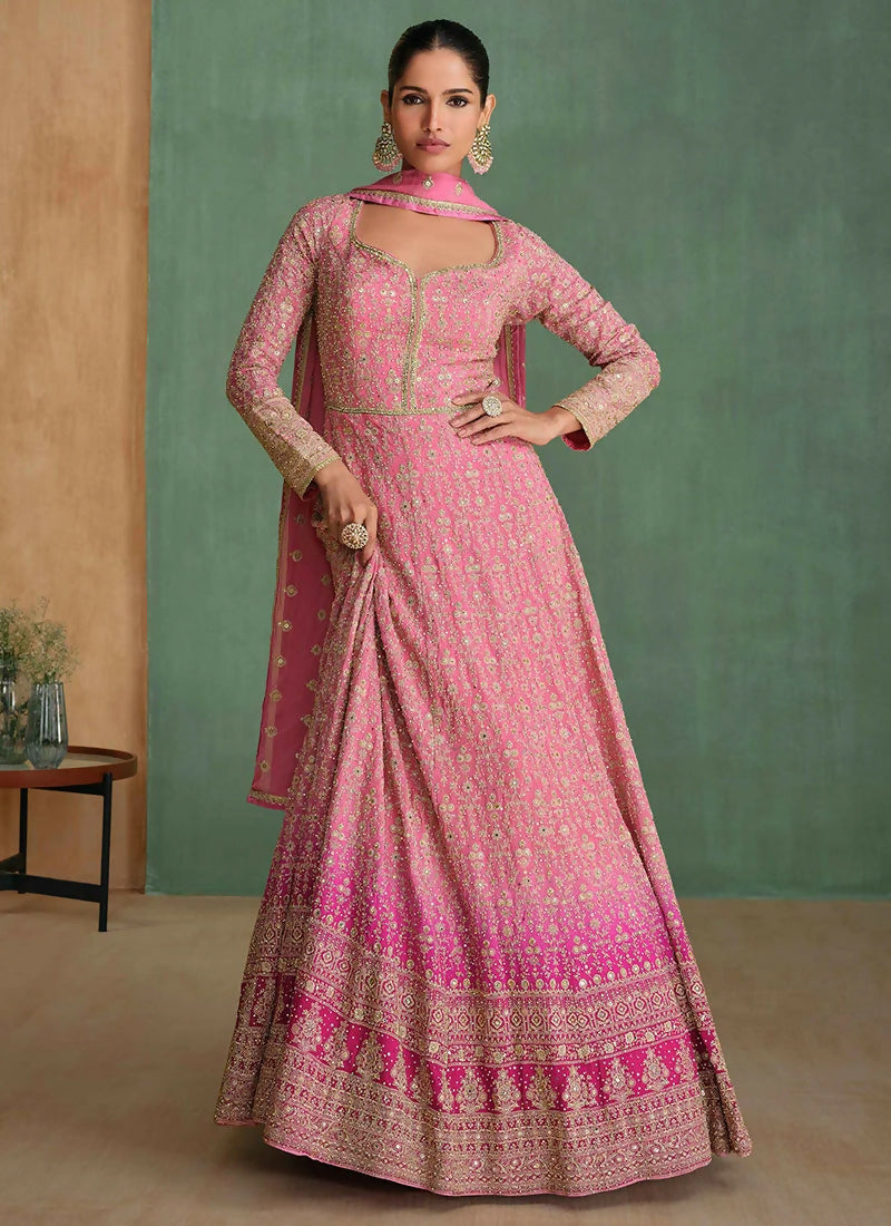 Vastranavya Peach Georgette Seroski Diamond Embroidered Sequins A Line Stunning Anarkali Suit | Grocsy