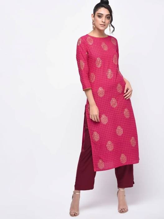 Aniyah Cotton Block Printed Pink Color Straight Kurta (AN-136K) | Grocsy