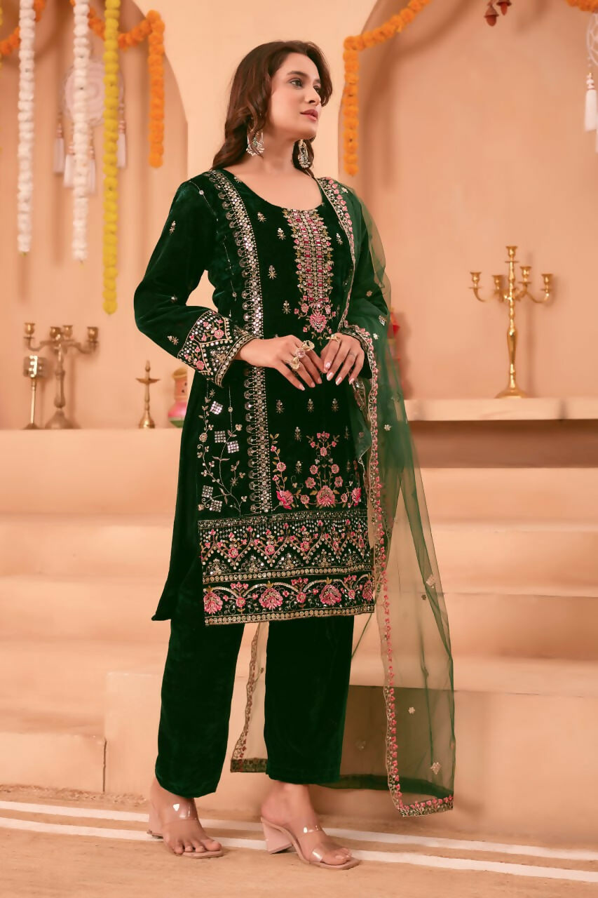 Joban Fashion Green Velvet Embroidery Sequence Work Readymade Kurta Set | Grocsy