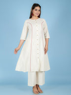 Aramya Cream Linen Cotton Solid Print A-line Kurta Set for Women | Grocsy